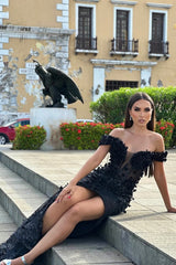Vintage Black Off-The-Shoulder Mermaid Wedding Dresses Sheath Long With High Split