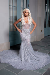 Sparkling V-Neck Straps Sleeveless Mermaid Wedding Dresses Column Gem With Beads