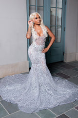 Sparkling V-Neck Straps Sleeveless Mermaid Wedding Dresses Column Gem With Beads