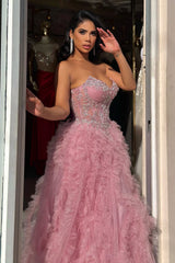 Dreamy Dusty Rose V-Neck Strapless Sleeveless Tulle Wedding Dresses A-Line High Split With Gem