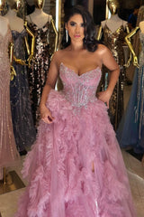 Dreamy Dusty Rose V-Neck Strapless Sleeveless Tulle Wedding Dresses A-Line High Split With Gem