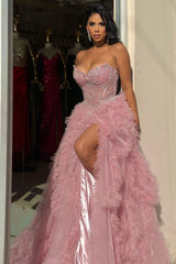 Dreamy Dusty Rose V-Neck Strapless Sleeveless Tulle Wedding Dresses A-Line High Split With Gem