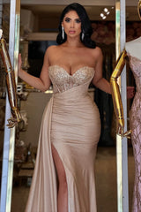 Glamorous Sweetheart Strapless Sleeveless Mermaid Wedding Dresses Column Beads With Ribbon Zipper
