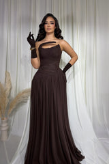 Luxury Chocolate Strapless Sleeveless Chiffon Wedding Dresses A-Line With Pleats