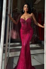 Luxury Fuchsia Sweetheart Strapless Sleeveless Mermaid Wedding Dresses Beads With Lace-Up Back