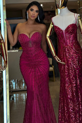 Luxury Fuchsia Sweetheart Strapless Sleeveless Mermaid Wedding Dresses Beads With Lace-Up Back