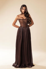 Romantic Chocolate Strapless Sleeveless Chiffon Wedding Dresses A-Line Gem With Beads