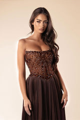 Romantic Chocolate Strapless Sleeveless Chiffon Wedding Dresses A-Line Gem With Beads