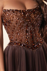 Romantic Chocolate Strapless Sleeveless Chiffon Wedding Dresses A-Line Gem With Beads