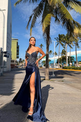 Sparkling Dark Navy V-Neck Strapless Sleeveless Satin Wedding Dresses High Split Beads With Ruffles