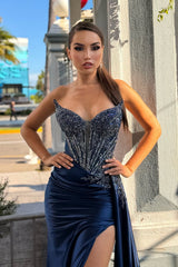Sparkling Dark Navy V-Neck Strapless Sleeveless Satin Wedding Dresses High Split Beads With Ruffles