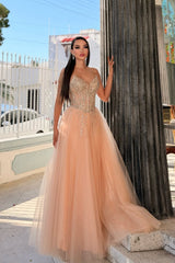 Luxury Coral V-Neck Strapless Sleeveless Tulle Wedding Dresses A-Line Long With Gem