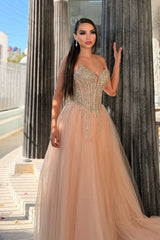 Luxury Coral V-Neck Strapless Sleeveless Tulle Wedding Dresses A-Line Long With Gem
