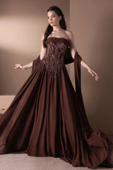 Vintage Dark Brown Strapless Sleeveless Chiffon Wedding Dresses A-Line Beads With Shawl
