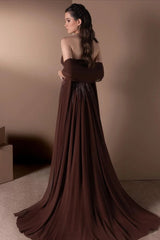 Vintage Dark Brown Strapless Sleeveless Chiffon Wedding Dresses A-Line Beads With Shawl