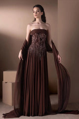 Vintage Dark Brown Strapless Sleeveless Chiffon Wedding Dresses A-Line Beads With Shawl