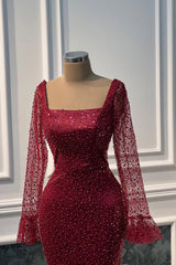 Vintage Burgundy Square Long Sleeves Sequins Wedding Dresses Mermaid Sheath Online