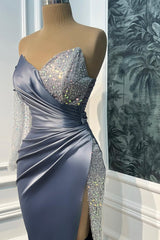 Glamorous Dusty Blue V-Neck One Shoulder Long Sleeves Satin Sequins Wedding Dresses Mermaid With High Split
