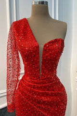 Classic Red One Shoulder Long Sleeves Sequins Wedding Dresses Mermaid Online
