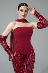 Vintage Burgundy Strapless Mermaid Wedding Dresses Two-Pieces Beads With Detachable Sleeves