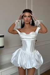 Romantic White Off-The-Shoulder Satin Homecoming Dresses Mini Pleats With Lace-Up Back
