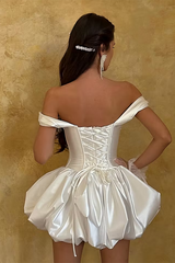 Romantic White Off-The-Shoulder Satin Homecoming Dresses Mini Pleats With Lace-Up Back