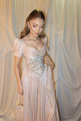 Romantic Dusty Rose Short Sleeves Evening Dresses Gem With Pleats Zipper