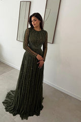 Glamorous Jewel Long Sleeves Evening Dresses Floor Length Beading With Pleats Zipper