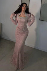Pretty Pink Long Sleeves Mermaid Evening Dresses Column Pearl With Beads Pleats