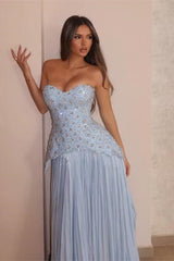 Stunning Sky Blue Sweetheart Strapless Sleeveless Chiffon Evening Dresses Gem With Pleats