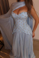 Stunning Sky Blue Sweetheart Strapless Sleeveless Chiffon Evening Dresses Gem With Pleats