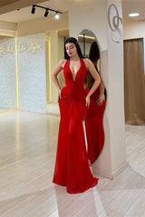 Graceful Red Halter Sleeveless Mermaid Evening Dresses Sheath With Gloves
