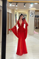 Graceful Red Halter Sleeveless Mermaid Evening Dresses Sheath With Gloves