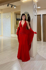 Graceful Red Halter Sleeveless Mermaid Evening Dresses Sheath With Gloves