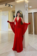 Graceful Red Halter Sleeveless Mermaid Evening Dresses Sheath With Gloves