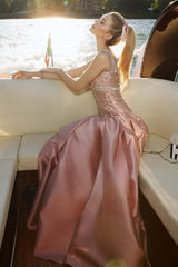 Glamorous Dusty Pink Straps Sleeveless Satin A-Line Evening Dresses Beads With Zipper Pleats