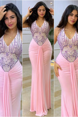 Romantic Pink Halter Sleeveless Satin Mermaid Evening Dresses Beads With Pleats Zipper