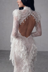 Graceful White High Collar Long Sleeves Lace Evening Dresses Mermaid Backless With Pleats