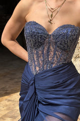Stunning Dark Navy Sweetheart Strapless Sleeveless Chiffon Evening Dresses Beads With High Split