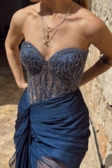 Stunning Dark Navy Sweetheart Strapless Sleeveless Chiffon Evening Dresses Beads With High Split