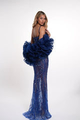 Stunning Blue Sweetheart Spaghetti Straps Sleeveless Mermaid Evening Dresses Beads With Lace-Up Back