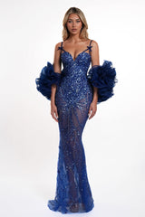 Stunning Blue Sweetheart Spaghetti Straps Sleeveless Mermaid Evening Dresses Beads With Lace-Up Back