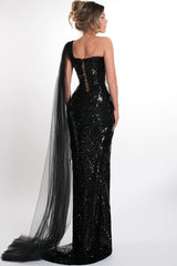 Glamorous Black One Shoulder Sleeveless Sequins Mermaid Evening Dresses High Split With Lace-Up Back