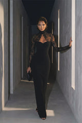 Graceful Black Sweetheart High Collar Long Sleeves Satin Lace Evening Dresses Mermaid Column With Zipper