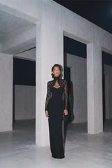Graceful Black Sweetheart High Collar Long Sleeves Satin Lace Evening Dresses Mermaid Column With Zipper
