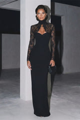 Graceful Black Sweetheart High Collar Long Sleeves Satin Lace Evening Dresses Mermaid Column With Zipper