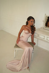 Graceful Dusty Pink Strapless Sleeveless Satin Mermaid Evening Dresses Column With Lace-Up Back