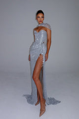 Stunning Silver Sweetheart Strapless Sleeveless Evening Dresses Mermaid Gem With High Split