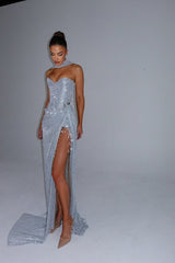 Stunning Silver Sweetheart Strapless Sleeveless Evening Dresses Mermaid Gem With High Split