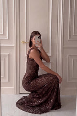 Graceful Chocolate Straps Sleeveless Lace Mermaid Column Long Evening Dresses